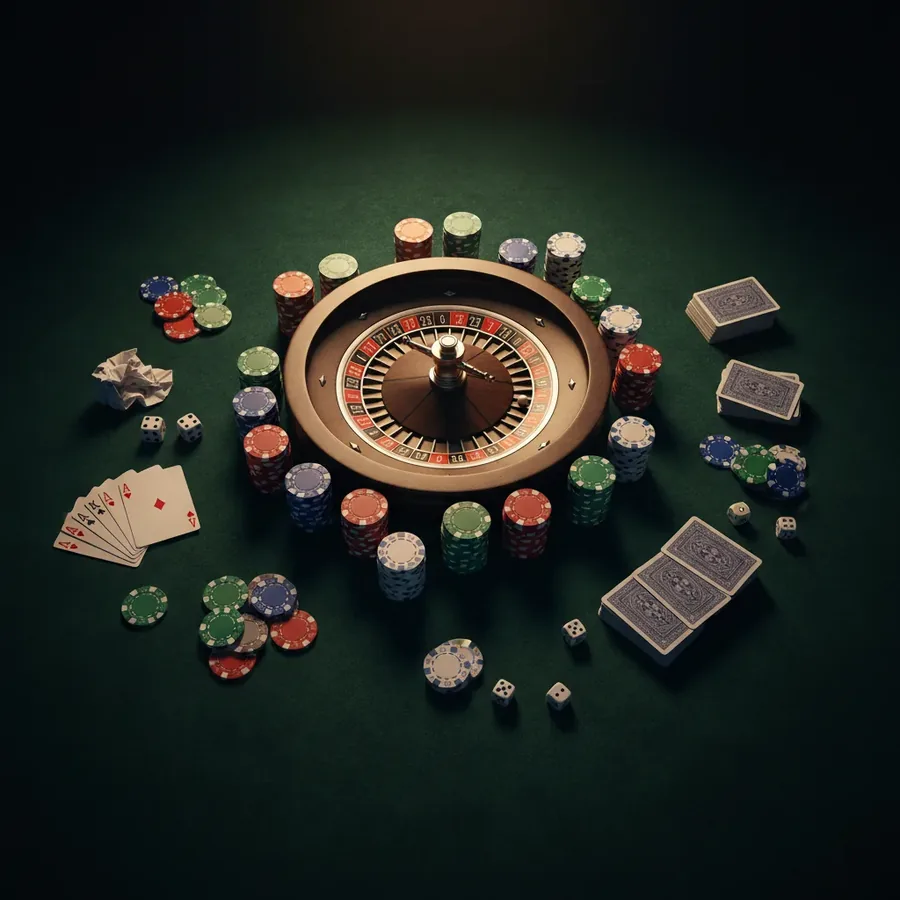 Cylindre de roulette, cartes à jouer, jetons et dés sur du feutre vert
